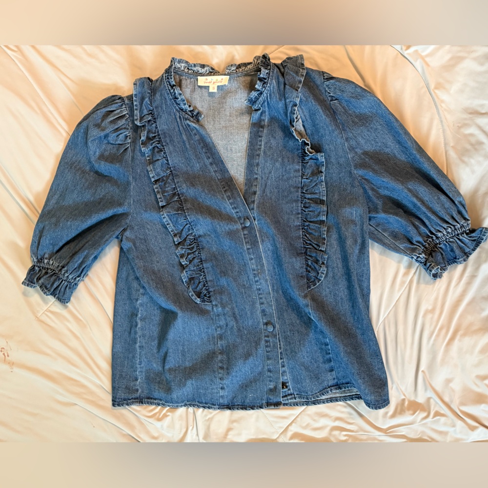 Blue Ruffle Detail Denim Blouse